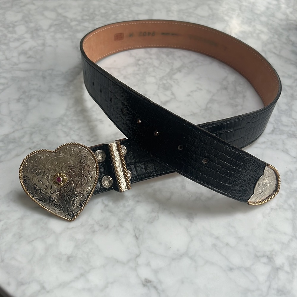 al beres Engraved Heart Buckle Black Moc Croc Leather Belt M/37” - Picture 3 of 10